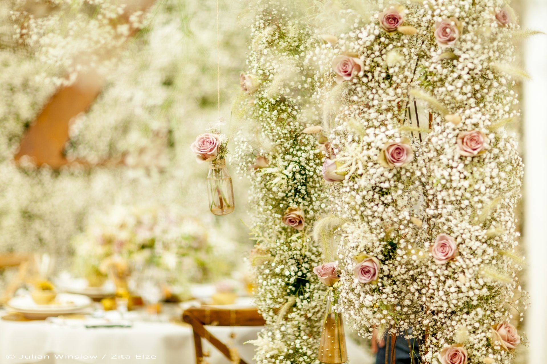 White flowers and roses set up