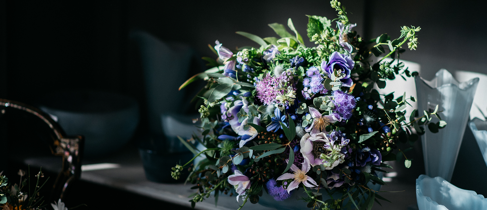 Flower bouquet with blue and violet flowers