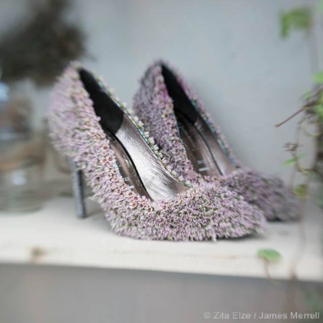 high heel shoes coate dwith tiny pink flowers